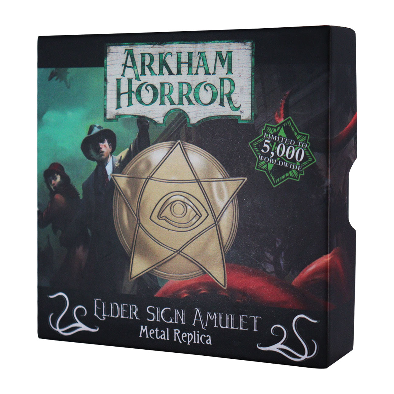 Arkham Horror Limited Edition Replica Metal Elder Sign Amulet Replica and display stand