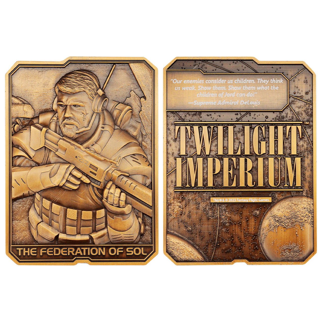 Twilight Imperium The federation of Sol collectible metal ingot and display stand from Fanattik