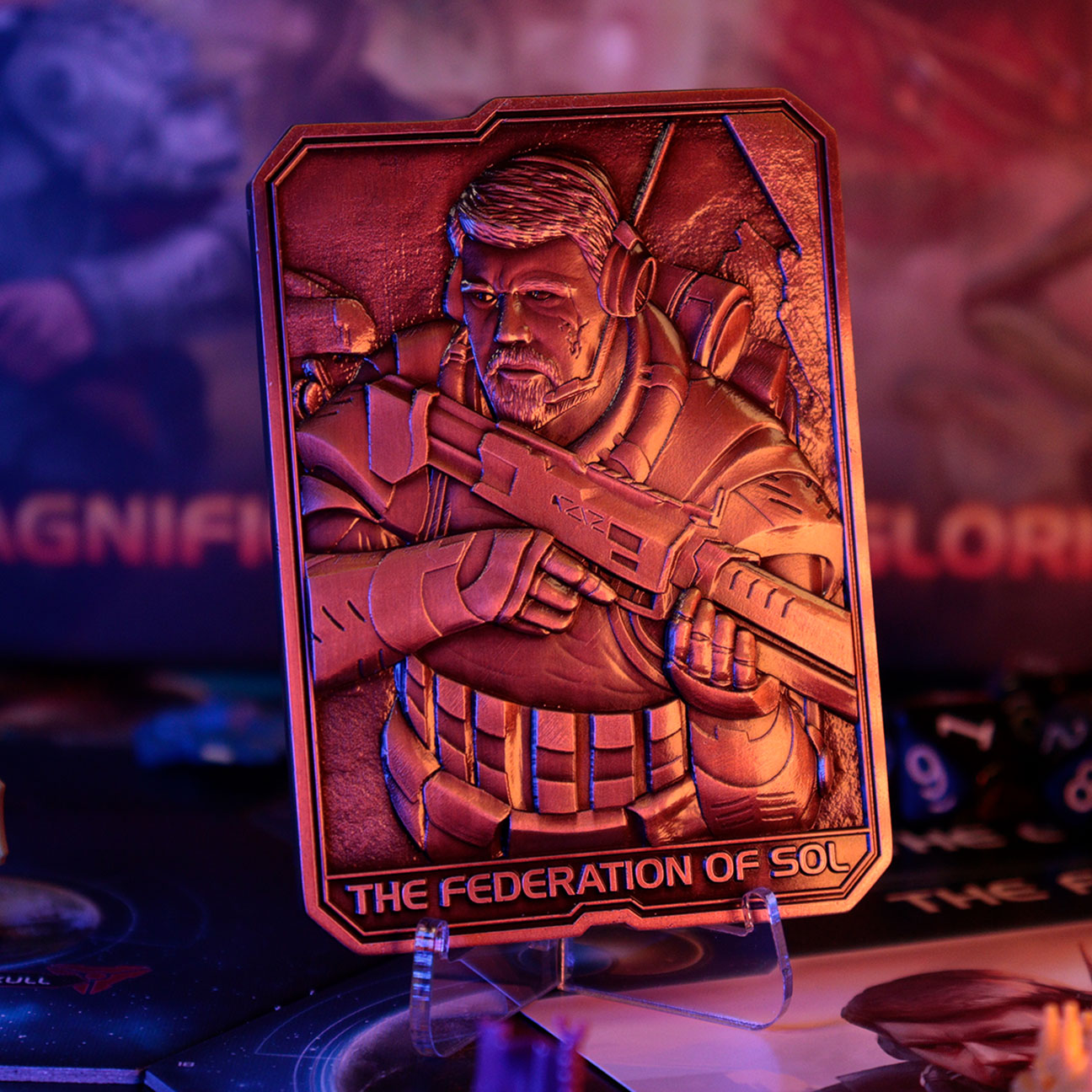 Twilight Imperium The federation of Sol collectible metal ingot and display stand from Fanattik