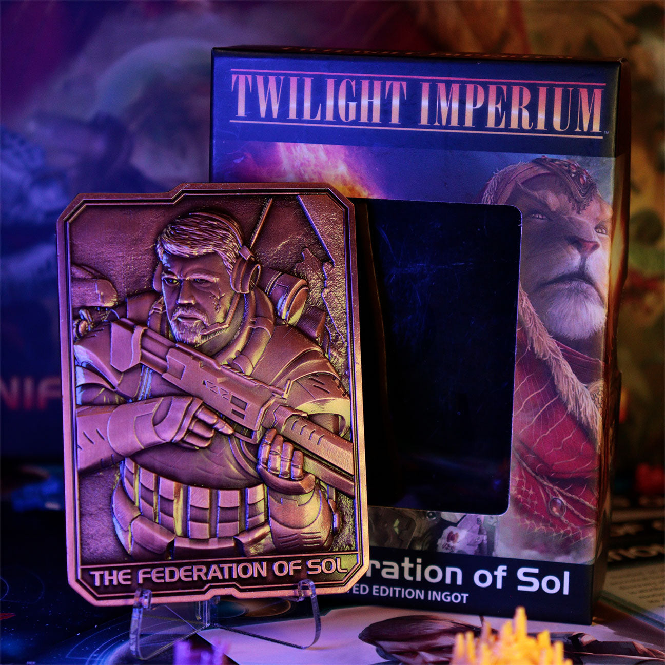 Twilight Imperium The federation of Sol collectible metal ingot and display stand from Fanattik