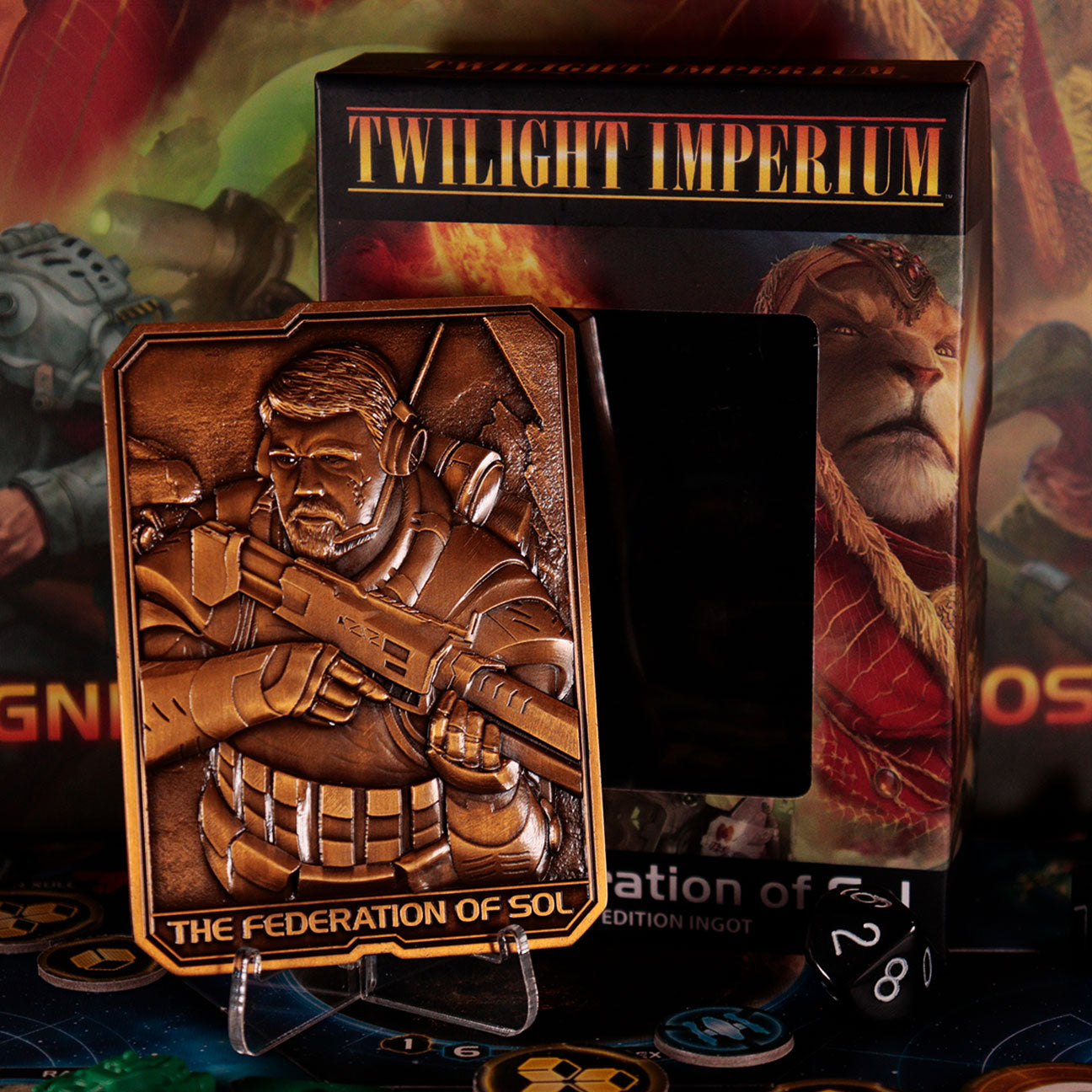 Twilight Imperium The federation of Sol collectible metal ingot and display stand from Fanattik