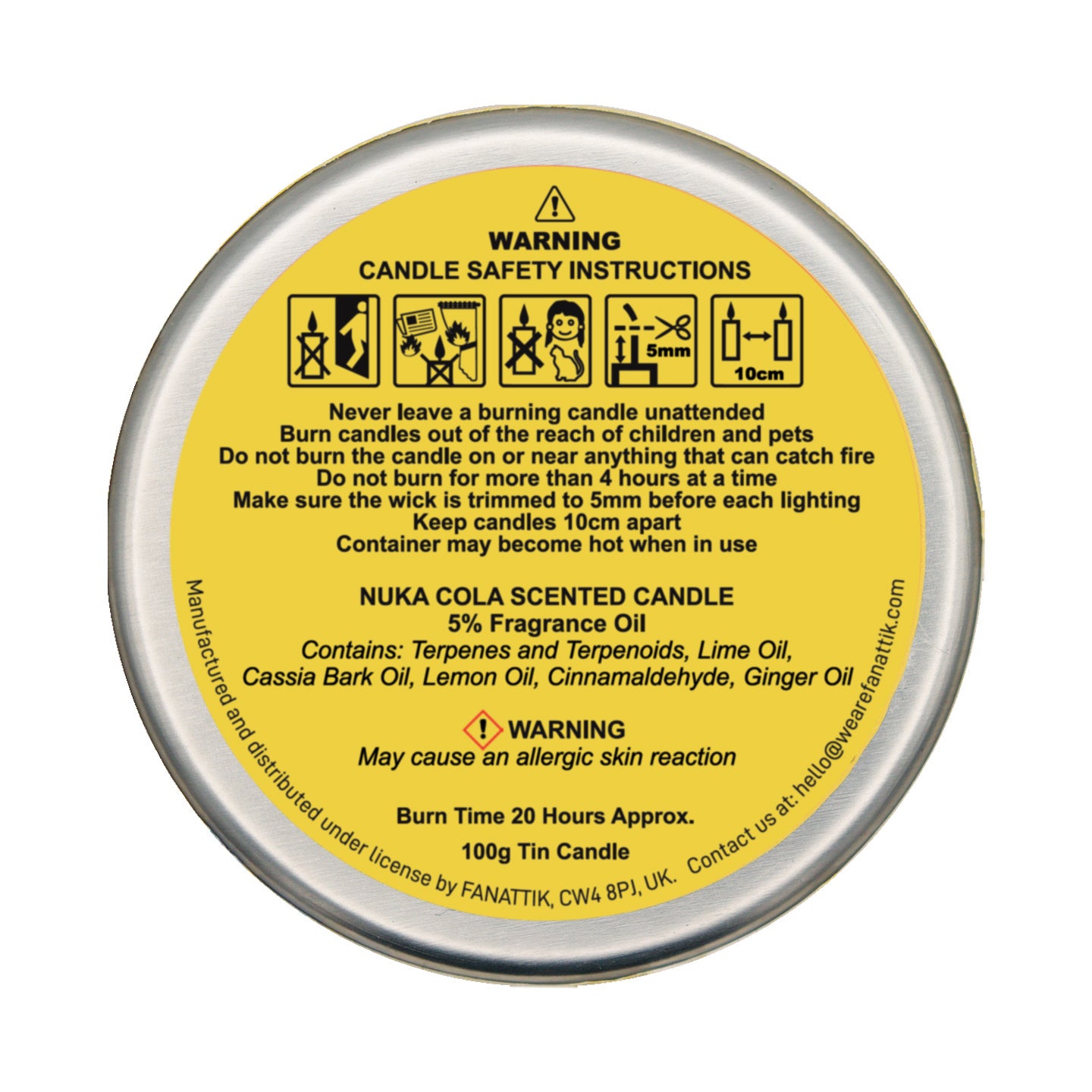 Candle tin label with safety instructions and product details on a white background