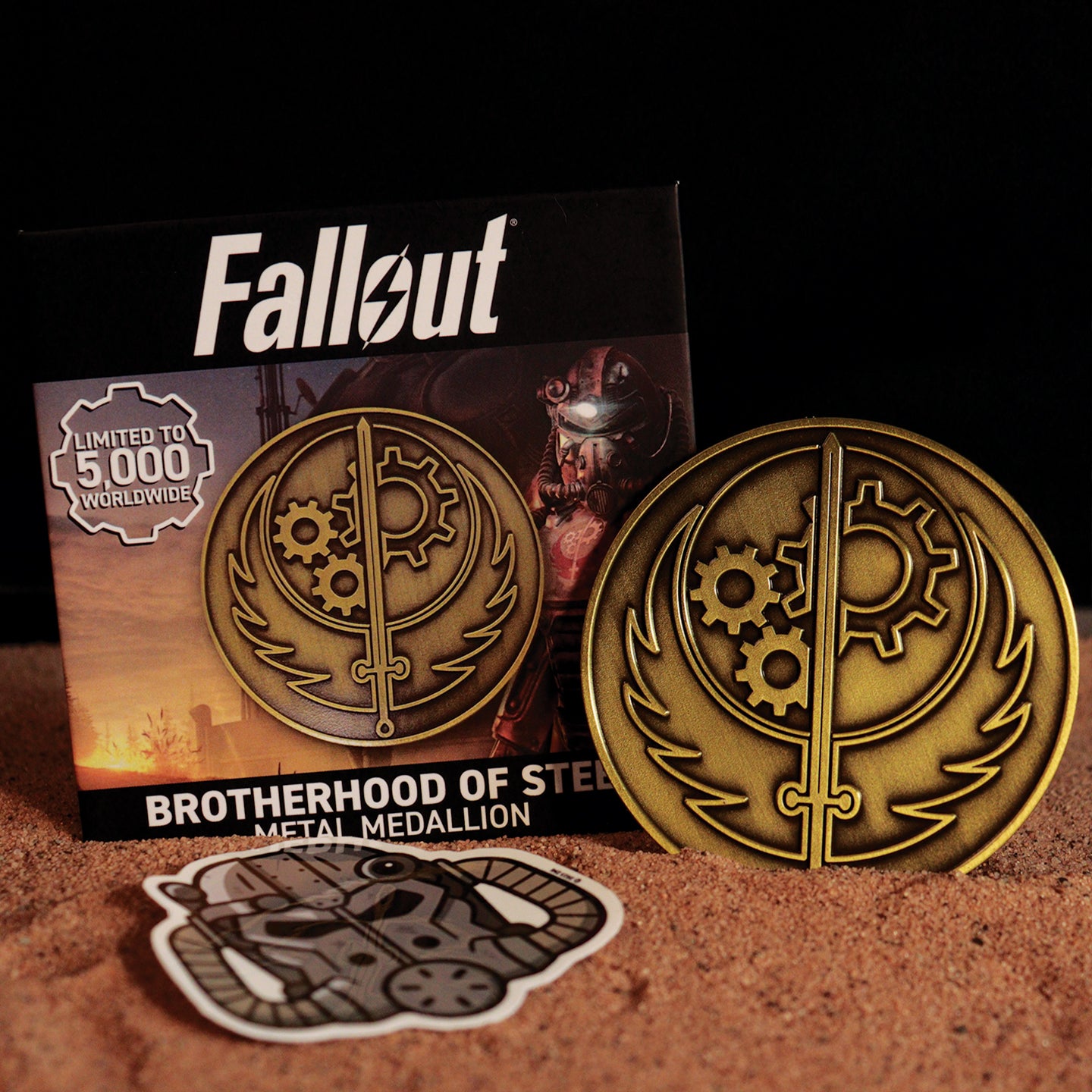 Fallout Brotherhood of Steel Medallion Product and Vinyl Sticker Lifestyle