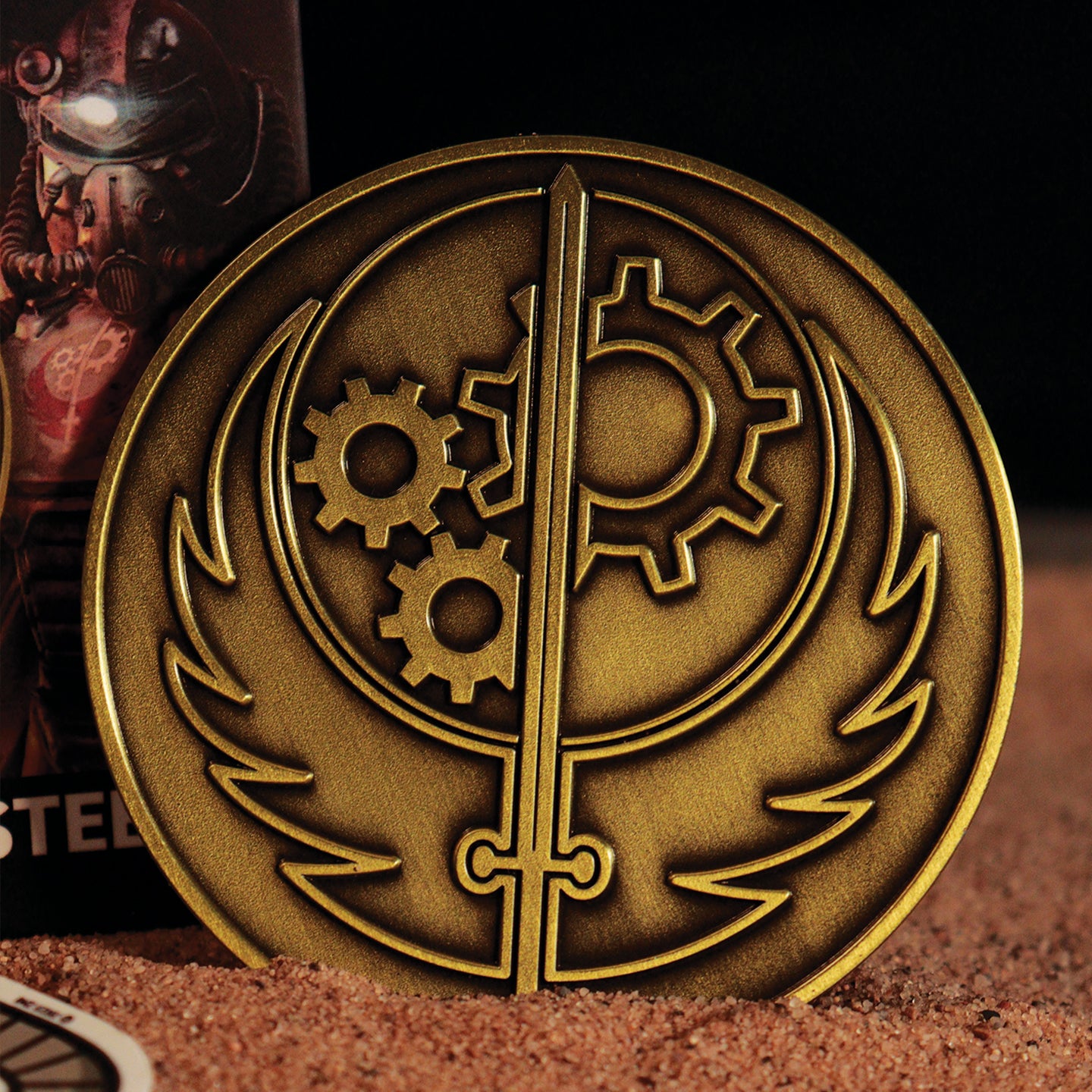 Fallout Brotherhood of Steel Medallion Close Up Lifestyle
