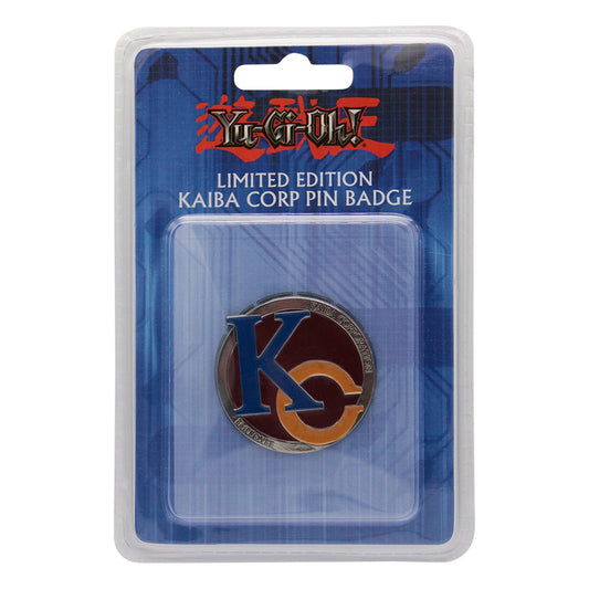 Yu-Gi-Oh! Limited Edition Kaiba Corp Pin Badge, packaged in a clear plastic case with a blue background, featuring the Kaiba Corp logo in the center.