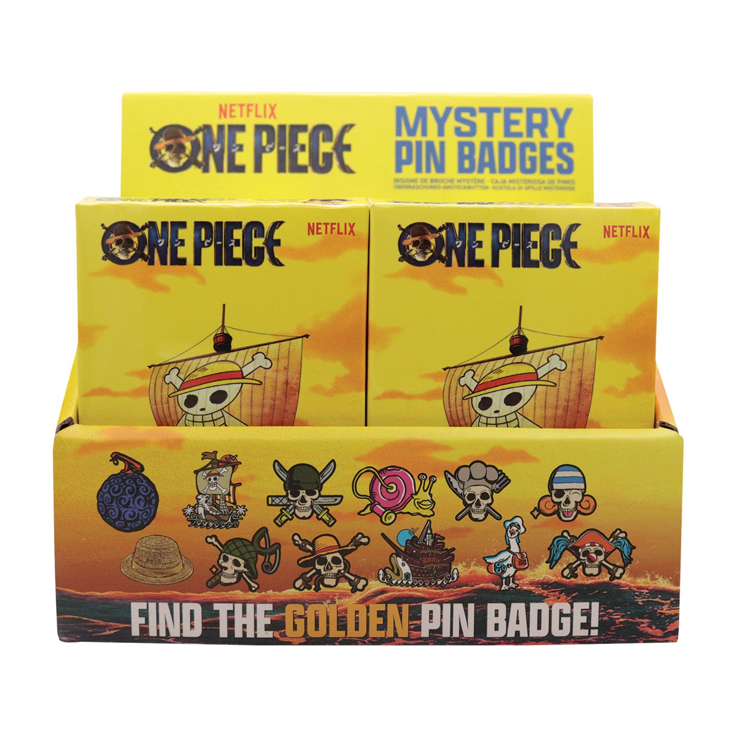 One Piece Mystery Pin Badge CDU Containing 12 Blind Boxes Box Face On