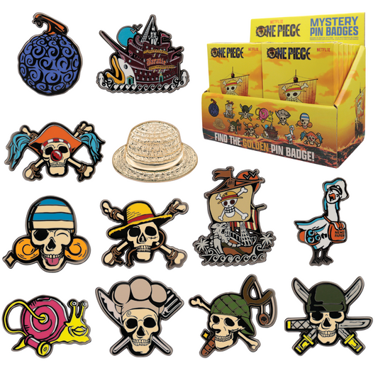 Collection of One Piece-themed pins and a hat with a 'Mystery Pin Badges' box.