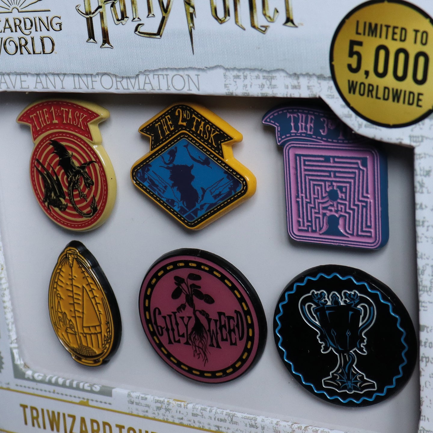 Harry Potter Limited Edition Set of 6 Triwizard Tournament Pin Badges Packaging Close Up