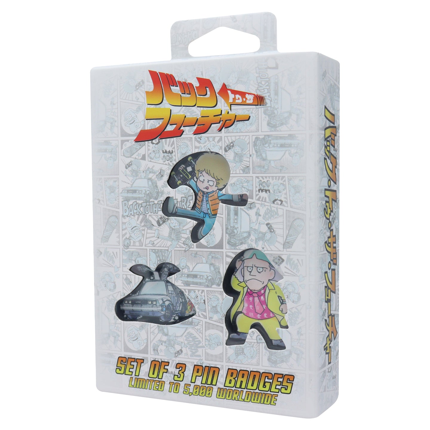 Back to the Future Set of 3 Japanese Style Enamel Pin Badges featuring Marty McFly, Doc Brown, and the DeLorean