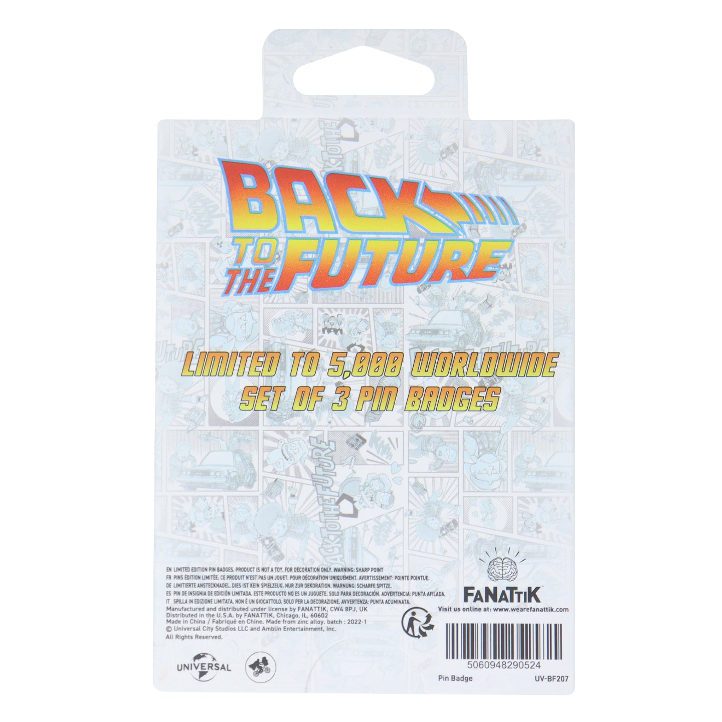 Back to the Future Set of 3 Japanese Style Enamel Pin Badges featuring Marty McFly, Doc Brown, and the DeLorean