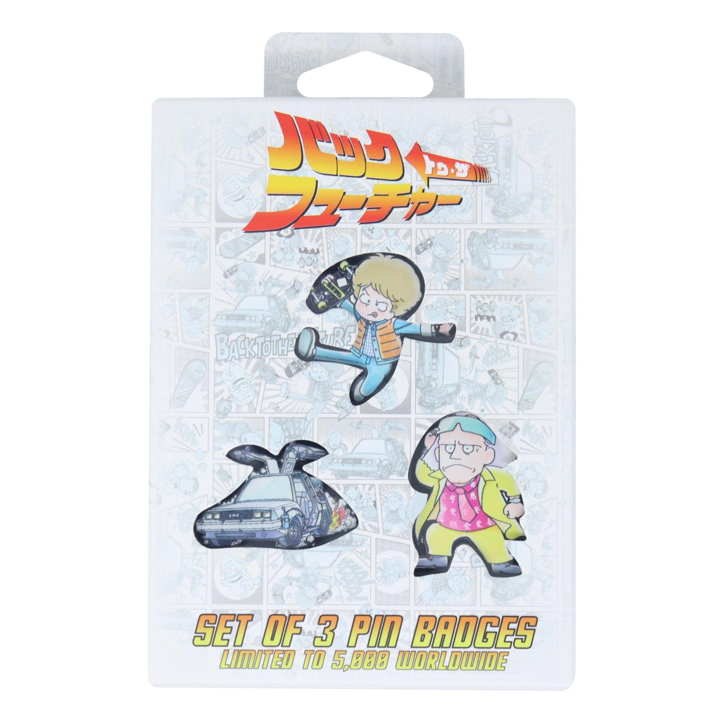 Back to the Future Set of 3 Japanese Style Enamel Pin Badges featuring Marty McFly, Doc Brown, and the DeLorean