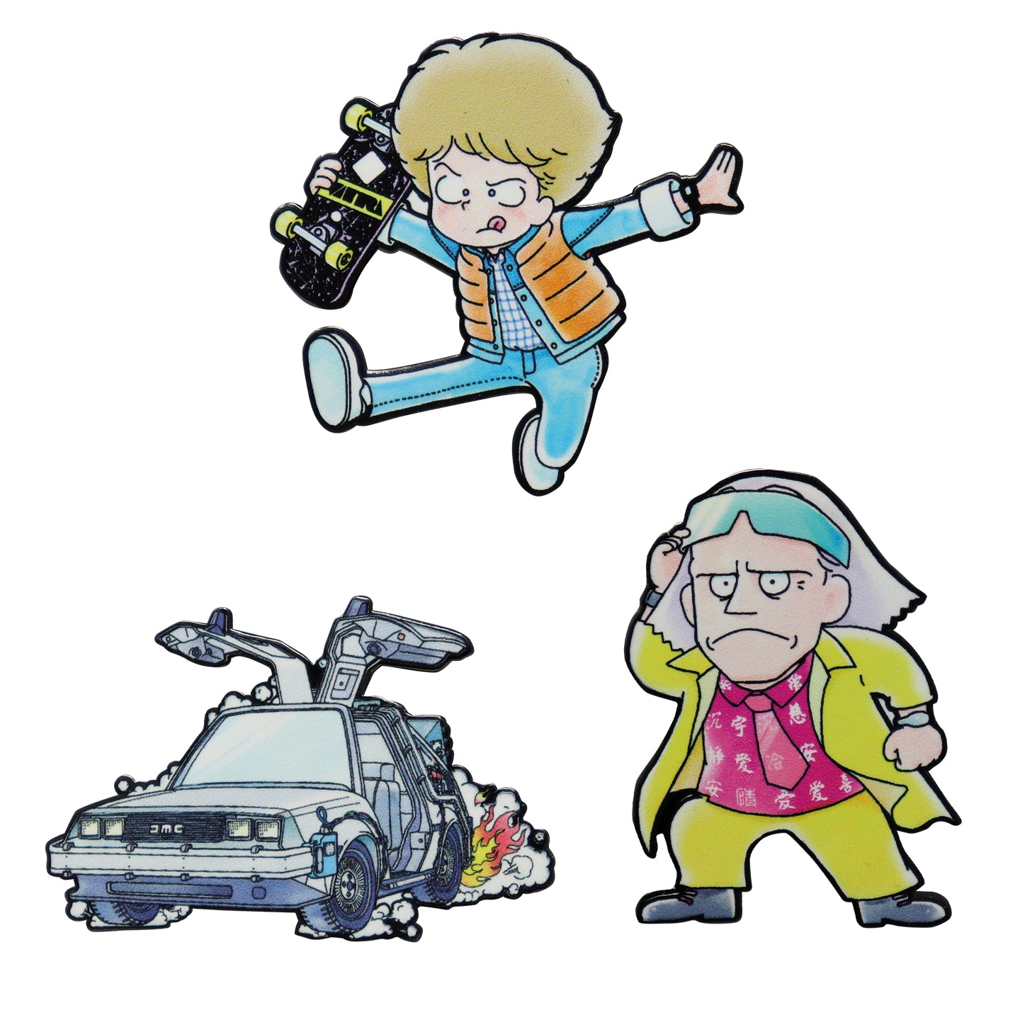 Back to the Future Set of 3 Japanese Style Enamel Pin Badges featuring Marty McFly, Doc Brown, and the DeLorean