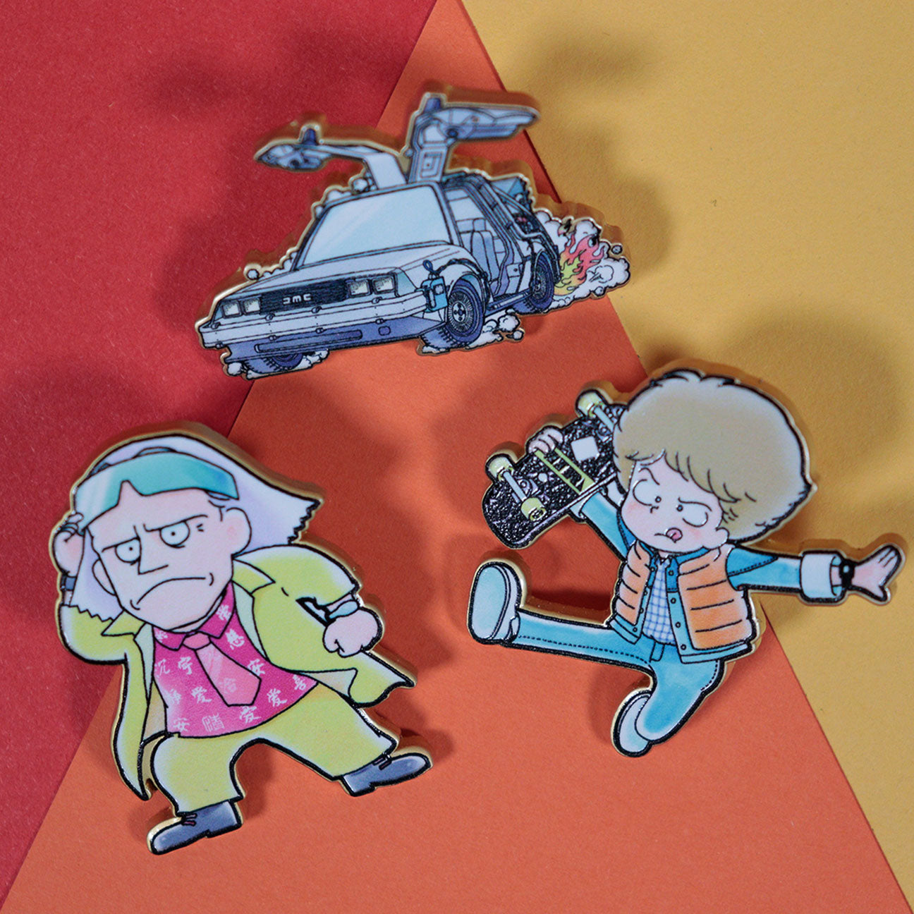 Back to the Future Set of 3 Japanese Style Enamel Pin Badges featuring Marty McFly, Doc Brown, and the DeLorean