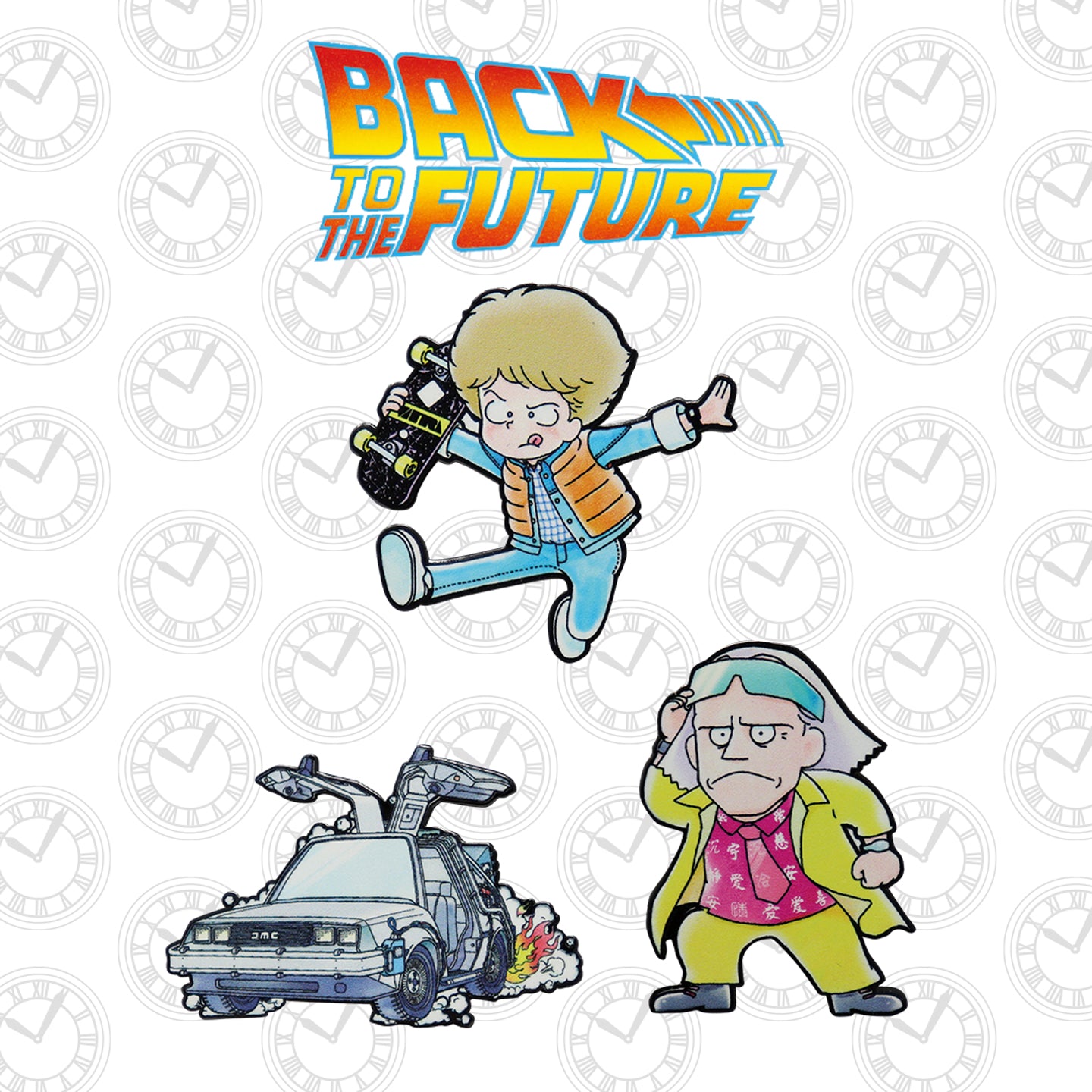 Back to the Future Set of 3 Japanese Style Enamel Pin Badges featuring Marty McFly, Doc Brown, and the DeLorean