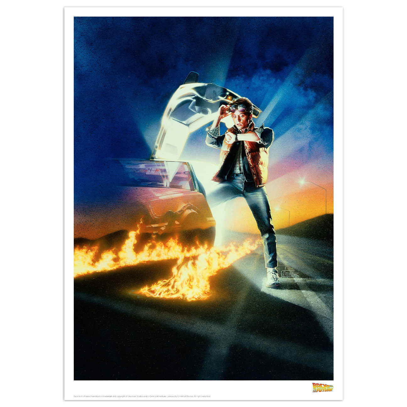 Limited edition art print of 'Back to the Future' featuring a character with a delorean car on fire, set against a night sky.