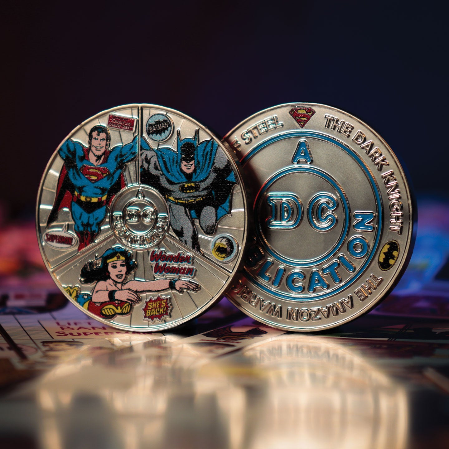 DC Comics Legends Collectible Coin featuring Superman, Batman, and Wonder Woman