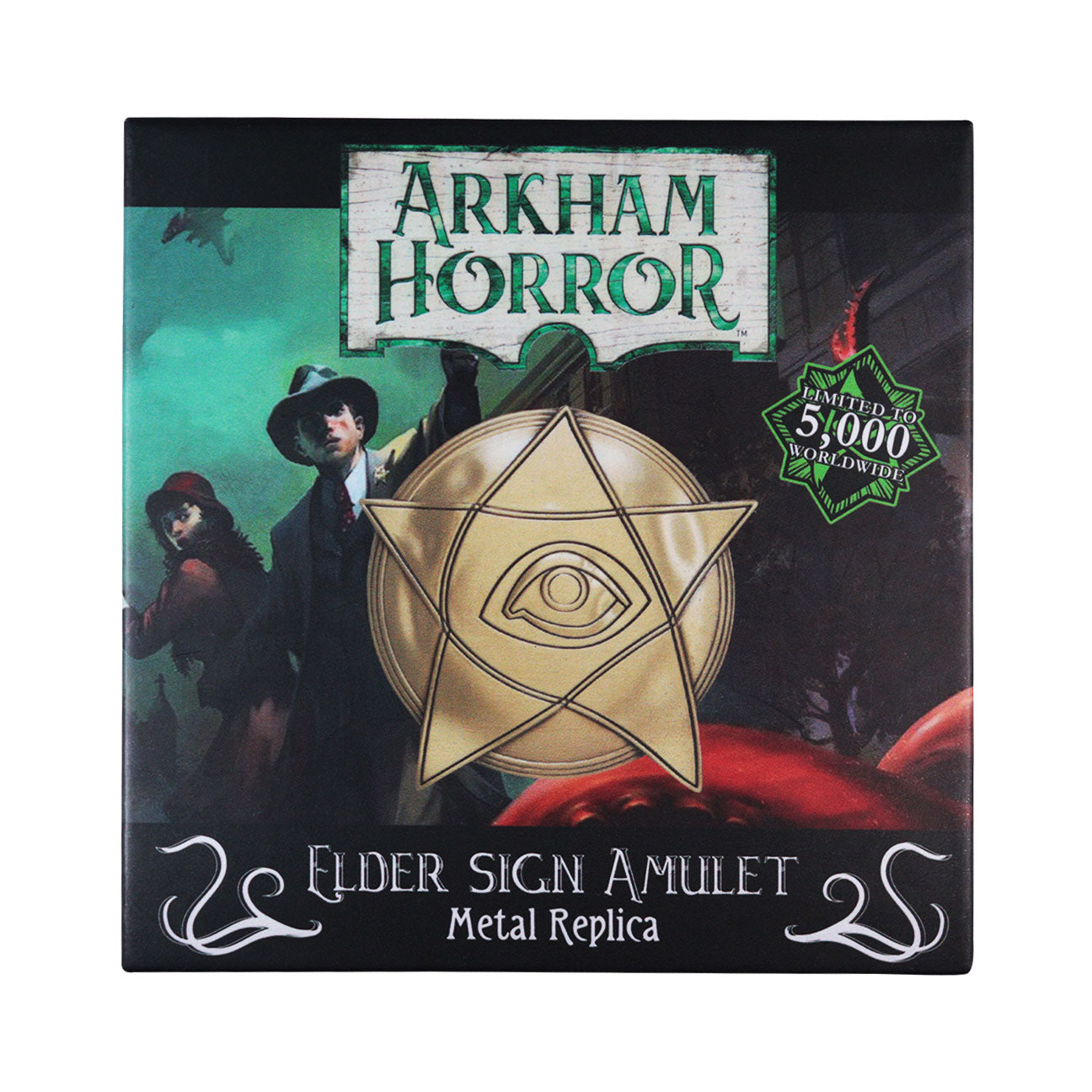Arkham Horror Limited Edition Replica Metal Elder Sign Amulet Replica and display stand