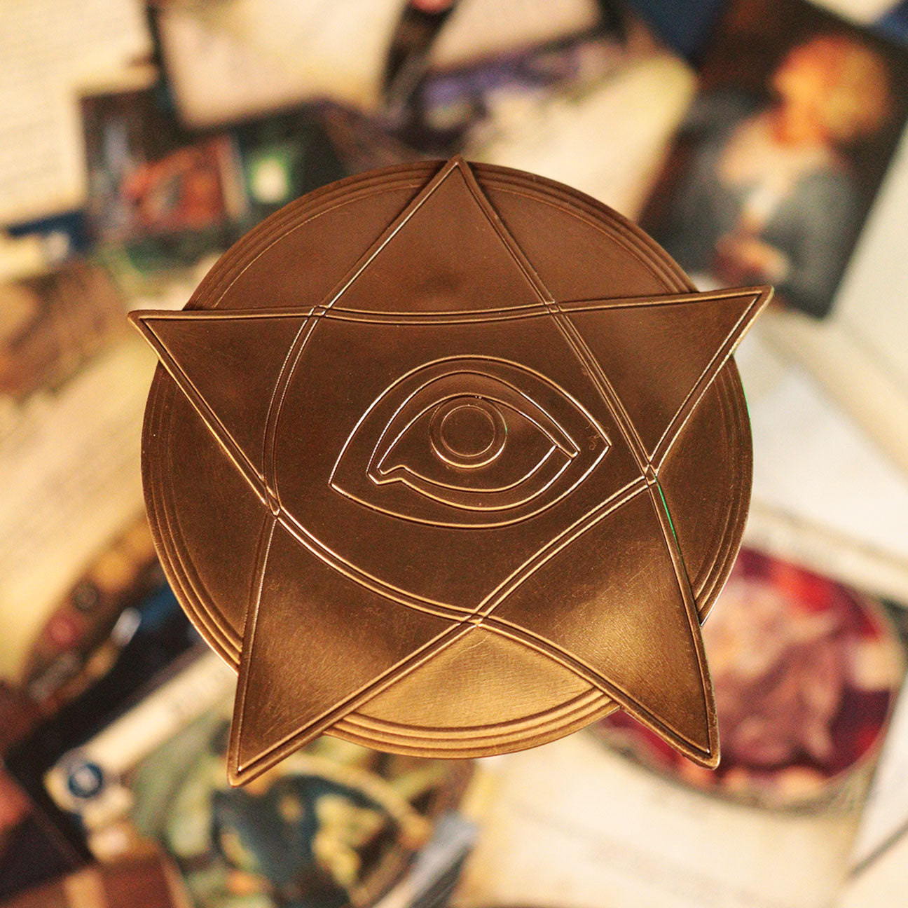 Arkham Horror Limited Edition Replica Metal Elder Sign Amulet Replica and display stand