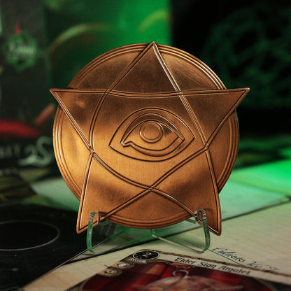 Arkham Horror Limited Edition Replica Metal Elder Sign Amulet Replica and display stand