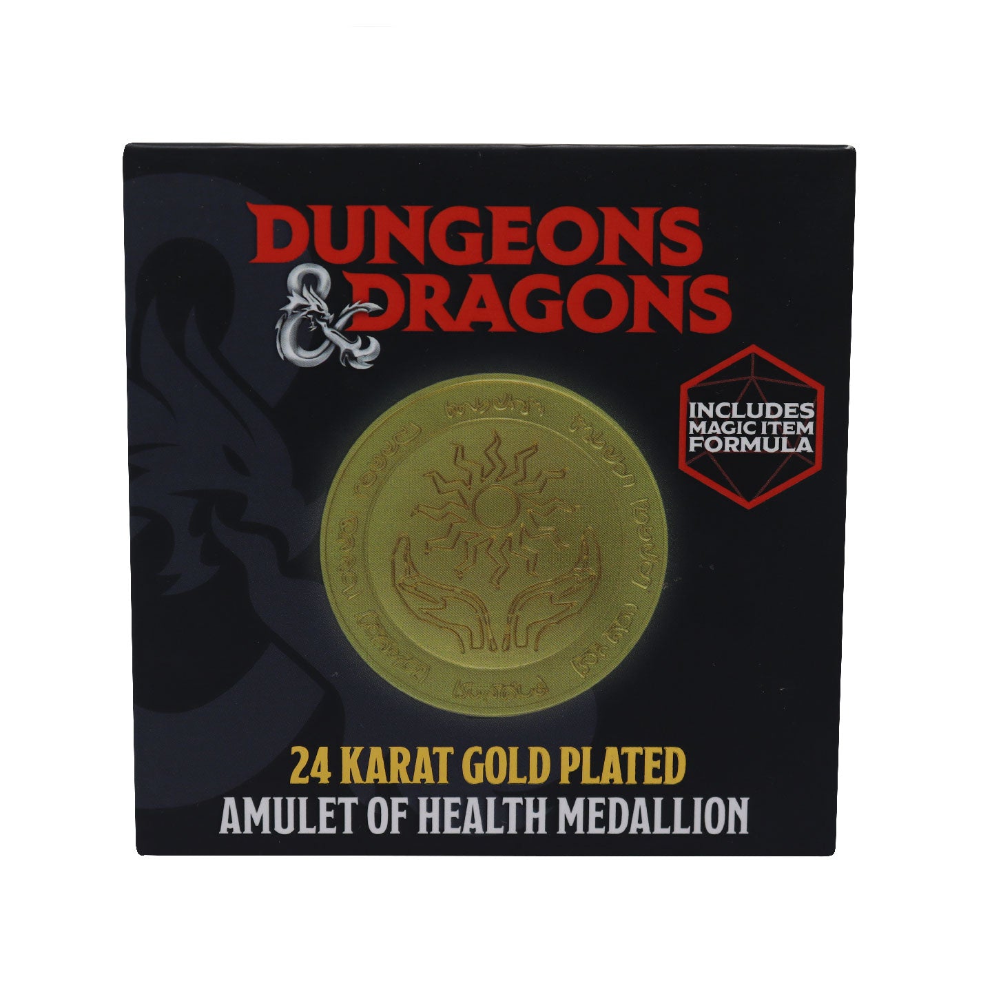 Dungeons & Dragons 24k Gold Plated Amulet of Health Medallion Packaging front view