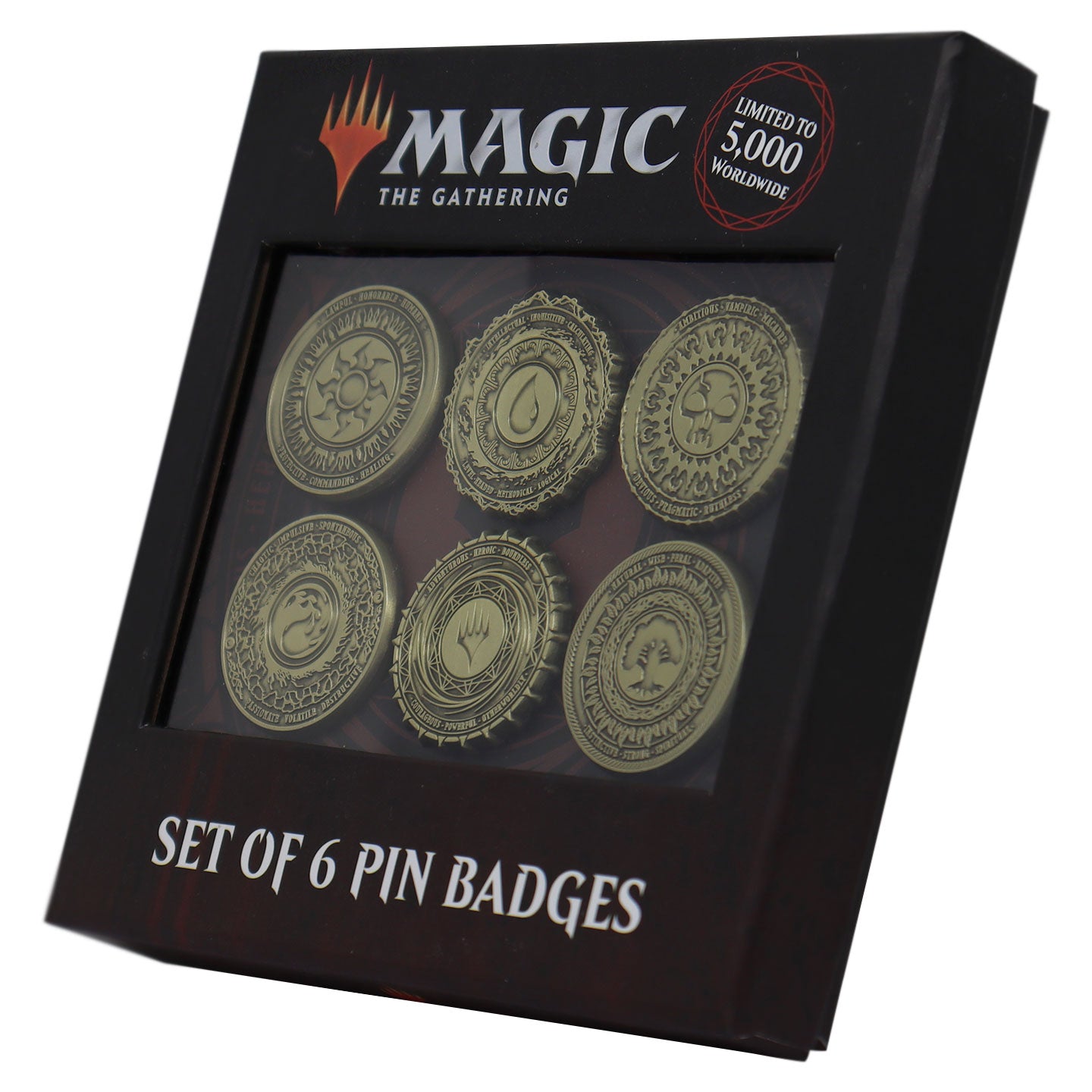 Magic the Gathering set of 6 Mana Symbol Metal Pin Badges supplied in a collector case