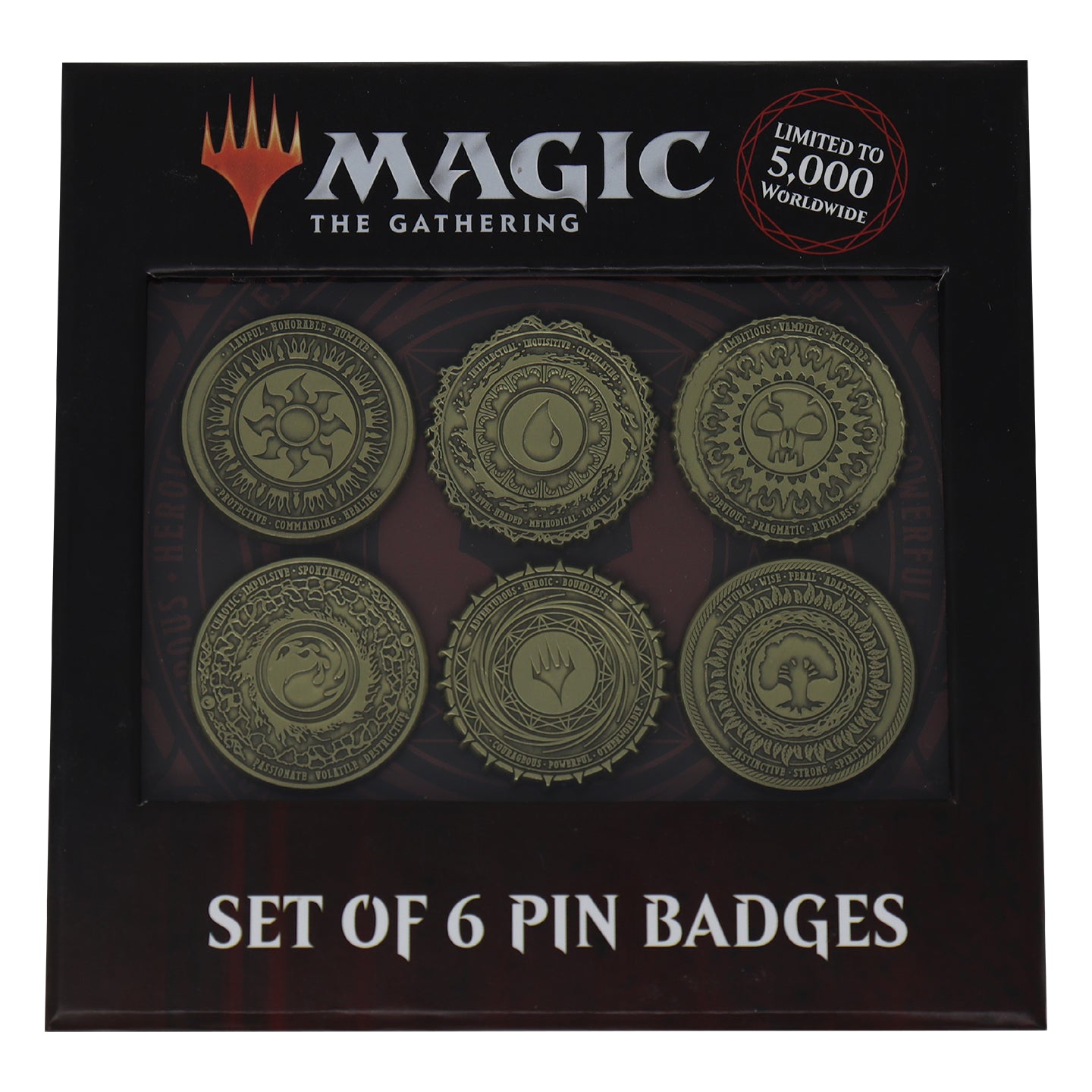 Magic the Gathering set of 6 Mana Symbol Metal Pin Badges supplied in a collector case