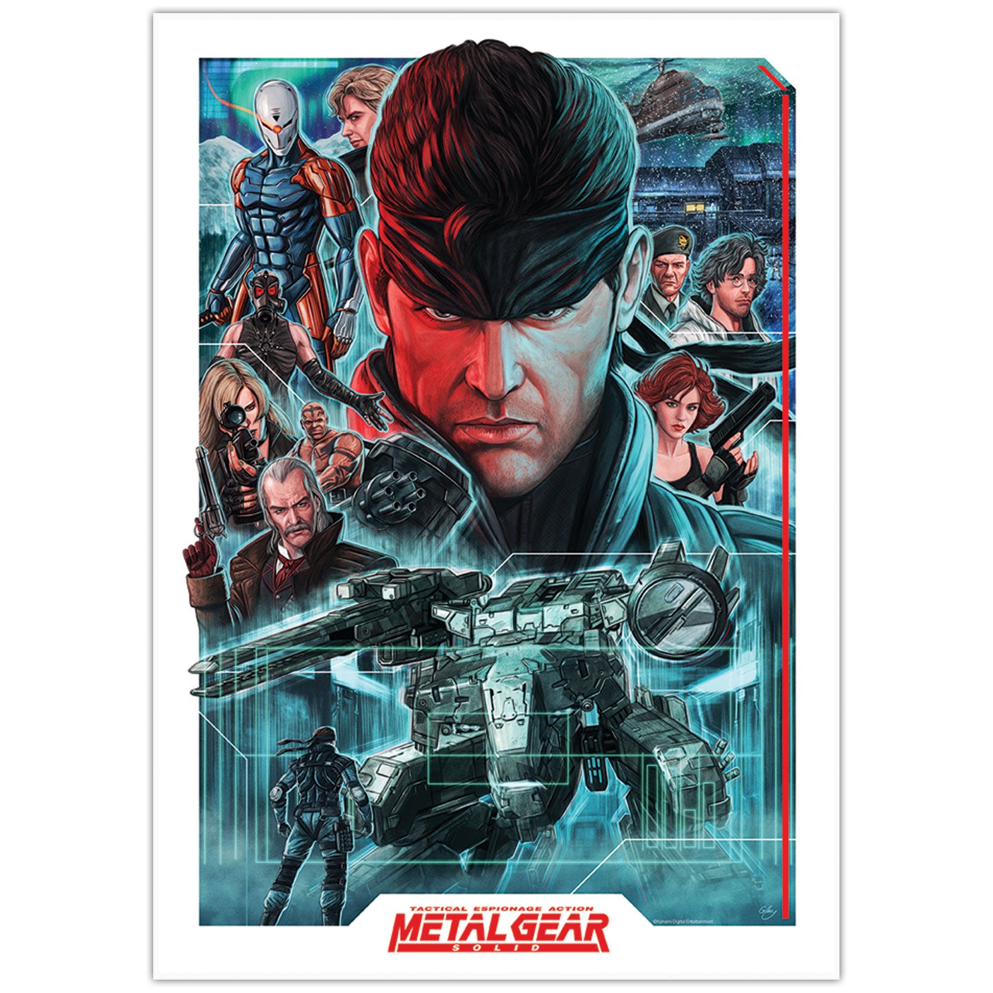 Metal Gear Solid poster with characters and machinery on a blue and red background
