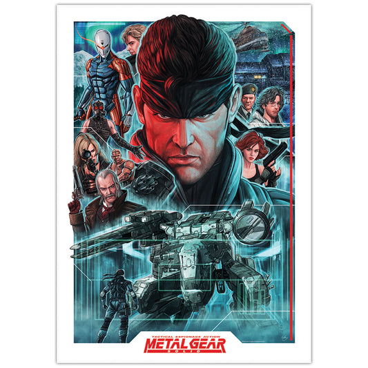 Metal Gear Solid poster with characters and machinery on a blue and red background