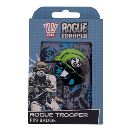 Packaged Rogue Trooper pin badge with character illustration on a blue background