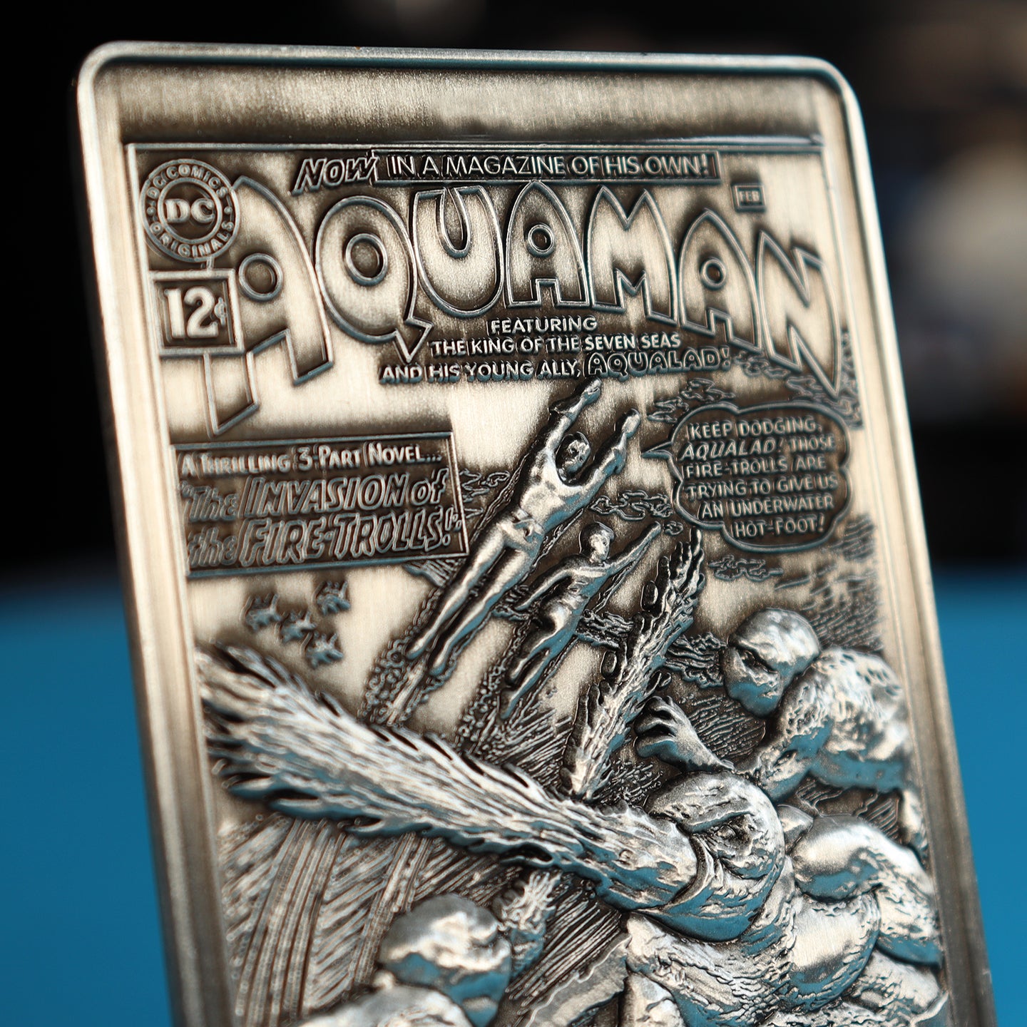DC Aquaman limited edition metal collectible ingot featuring original comic artwork