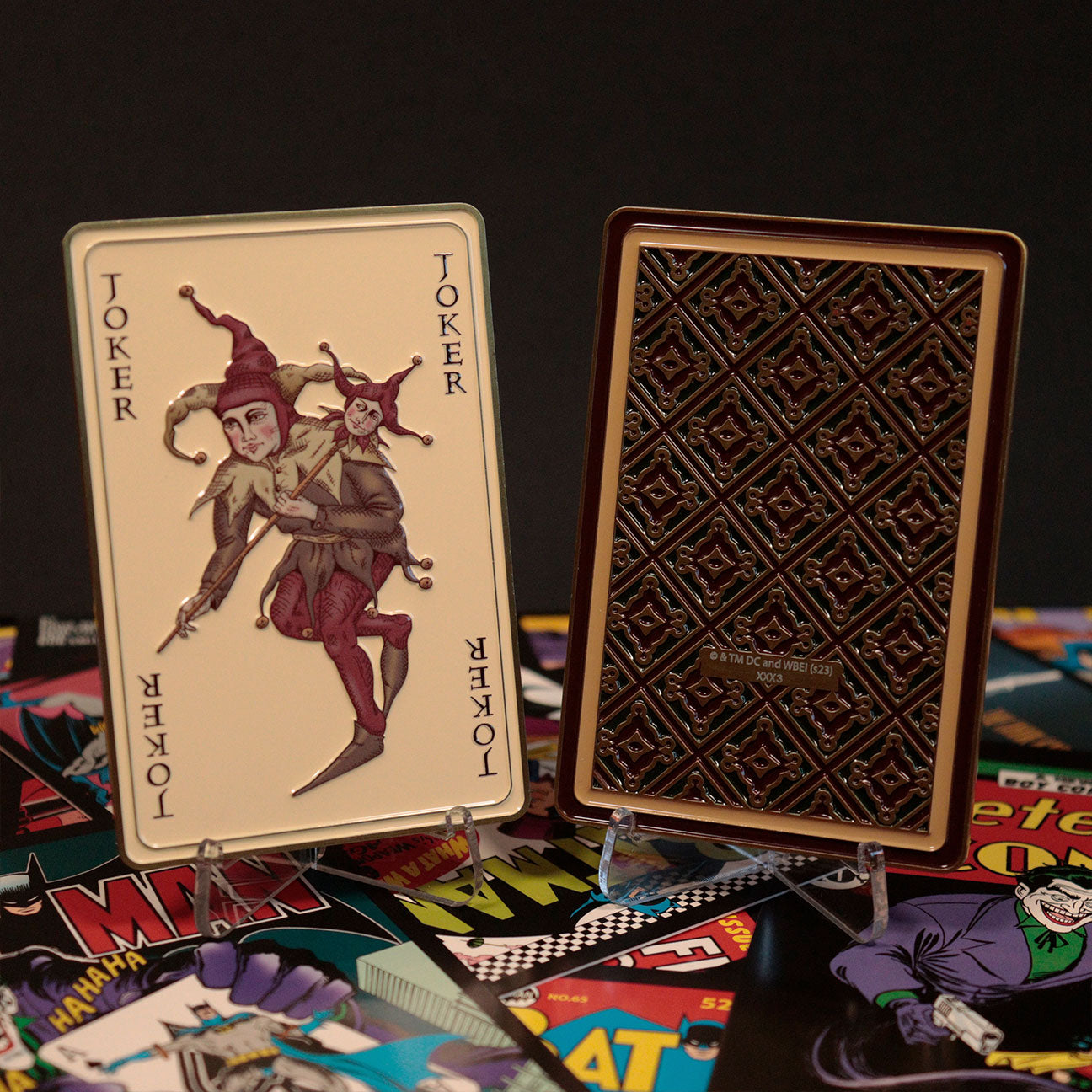 The Dark Knight Trilogy Limited Edition Joker Calling Card Ingot Front and Reverse Lifestyle