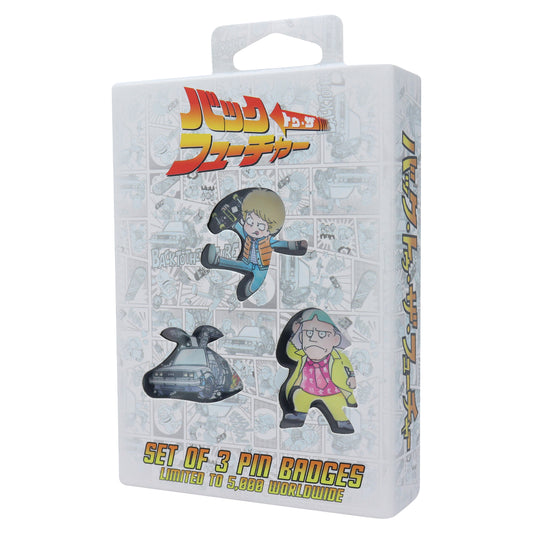 Back to the Future Set of 3 Japanese Style Enamel Pin Badges featuring Marty McFly, Doc Brown, and the DeLorean 