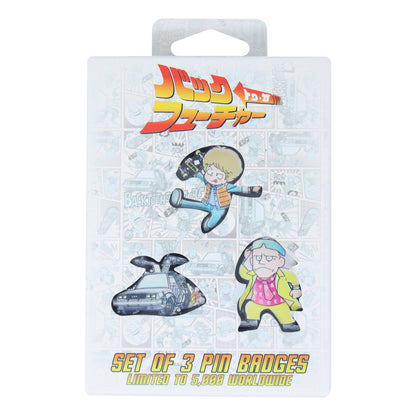 Back to the Future Set of 3 Japanese Style Enamel Pin Badges featuring Marty McFly, Doc Brown, and the DeLorean